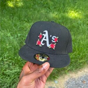 New Era Black Cap with Red Rose and White Logo